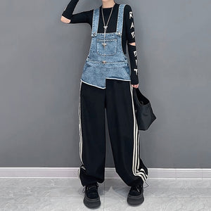 Contrast Color Patchwork Loose Denim Overalls