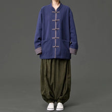 Load image into Gallery viewer, Fleece Lined Contrast Collar Frog Button Hanfu Cardigan
