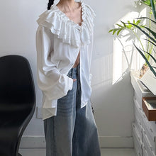 Load image into Gallery viewer, Padded Shoulder Ruffle Collar Loose Drape Shirt
