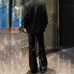 Heavy Sequined PU Metal Rivet Flared Pants