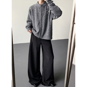 Hand-sewn Pearl Embellished Zip-up Cardigan