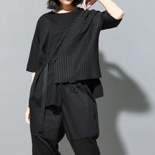 Load image into Gallery viewer, Fake Two-piece Straight Lace-up Striped Patchwork T-shirt
