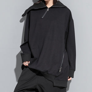 Stand Collar Zipper Loose Irregular Sweatshirt