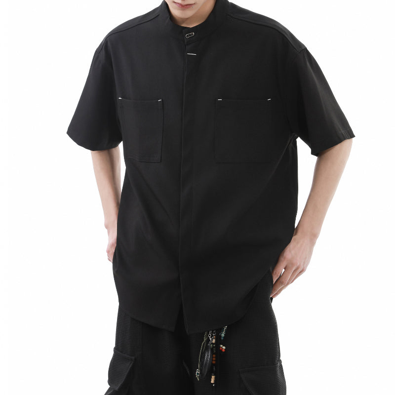 American Black Drape Stand Collar Casual Shirt
