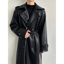 Load image into Gallery viewer, Double Breasted Belted PU Leather Long Trench Coat
