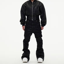 Load image into Gallery viewer, Dark Waxed Coated Ribbon Slightly Flared Mopping Stacked Denim Trousers
