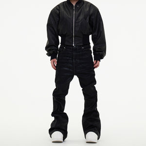 Dark Waxed Coated Ribbon Slightly Flared Mopping Stacked Denim Trousers