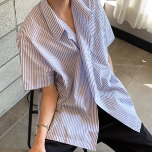 Irregular Short-sleeved Blue Striped Shirt