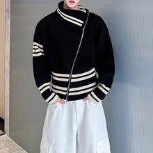 Load image into Gallery viewer, Contrast Striped Diagonal Zip-up Turtleneck Sweater

