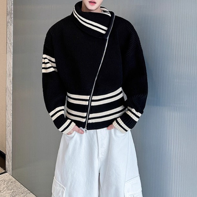 Contrast Striped Diagonal Zip-up Turtleneck Sweater