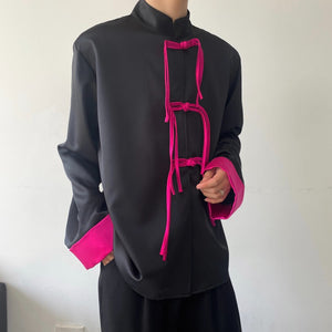 Contrast Buttoned Stand Collar Long Sleeve Retro Shirt