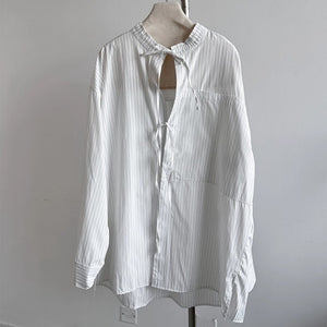 Deconstructed Drawstring Vertical Striped Loose Casual Shirt