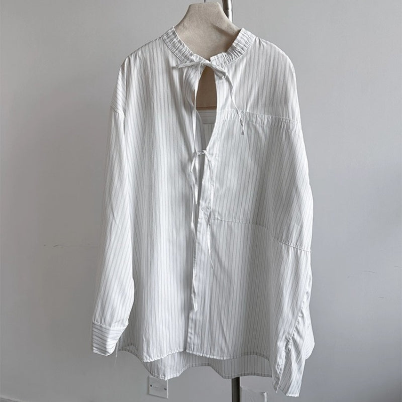 Deconstructed Drawstring Vertical Striped Loose Casual Shirt