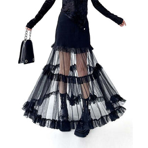 French Denim Patchwork Mesh Skirt