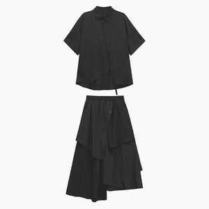 Irregular Loose Solid Color Shirt Elastic Waist Skirt