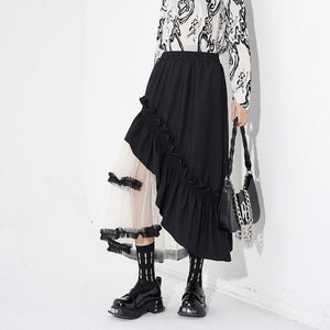 Contrast Color Panel Ruffled Mesh Skirt