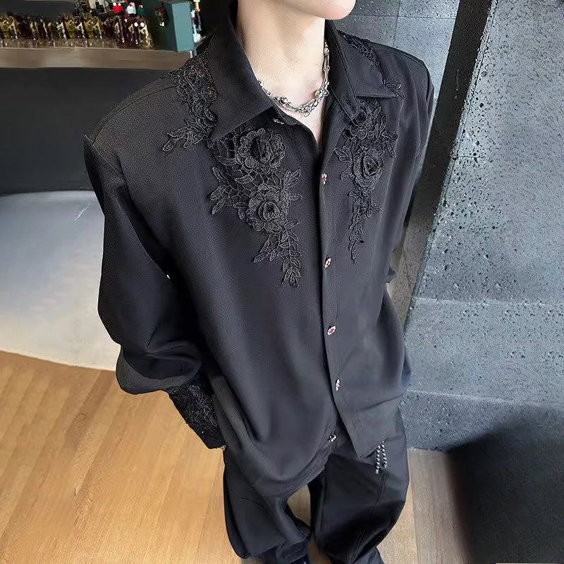 Silky 3D Lace Rose Gem Button Loose Shirt