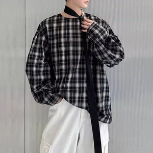 Oversized Collarless Plaid Loose Shirt