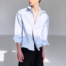 Load image into Gallery viewer, Blue Cotton Bent Shape Slim Fit Short Shirt
