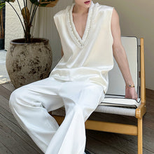 Load image into Gallery viewer, Pearl Flower Large V-Neck Sleeveless Satin Vest
