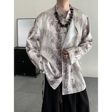 Load image into Gallery viewer, Retro Jacquard Stitching Stand Collar Ink Print Shirt
