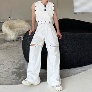 Rivet Button Sleeveless T-Shirt Detachable Wide-Leg Pants Set