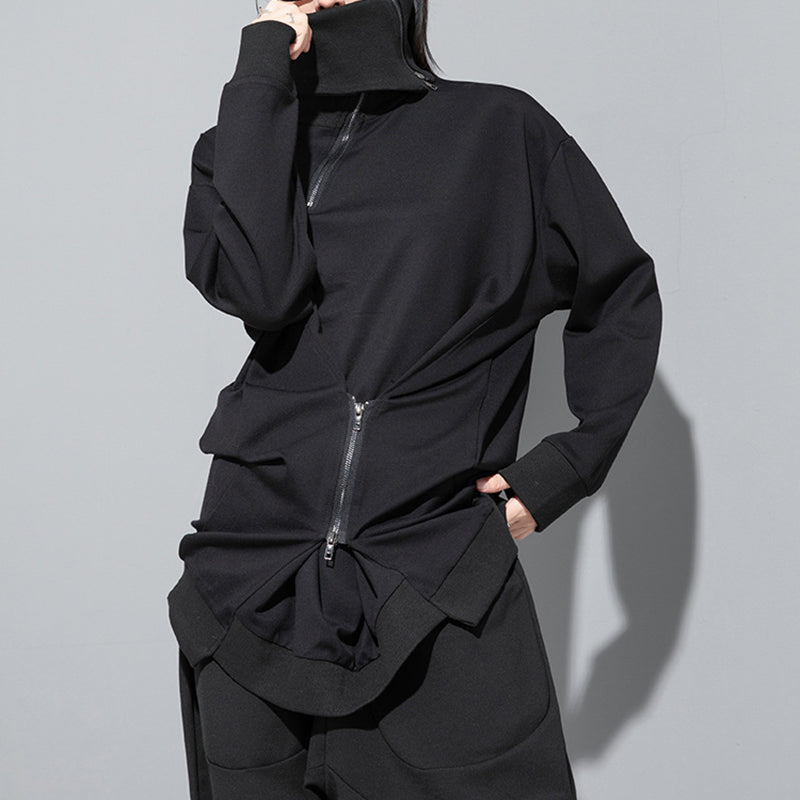 Stand Collar Zipper Loose Irregular Sweatshirt
