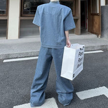 Load image into Gallery viewer, Vintage Denim Two-Piece Set Hand-Beaded Stand-Collar Short-Sleeve Jacket &amp; Wide-Leg Trousers
