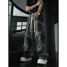 Load image into Gallery viewer, Frayed-edge Black-dyed Metallic Patchwork Jeans
