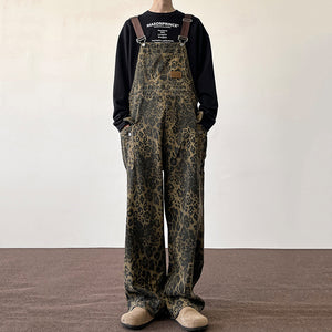 Retro Leopard Print Loose Straight Wide Leg Overalls