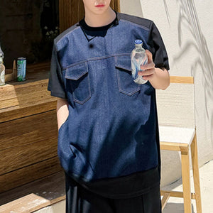Vintage Denim Patchwork Short-sleeved T-shirt