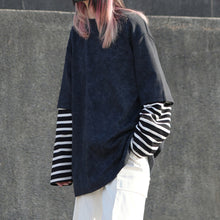 Load image into Gallery viewer, Washed Distressed Striped Patchwork Fake Two-piece T-shirt
