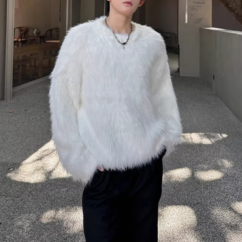 Winter Loose-fitting Crew Neck Faux Fur Sweater