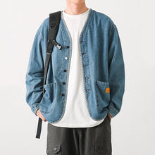 Load image into Gallery viewer, Japanese Retro Washed Denim Collarless Jacket
