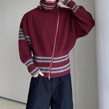 Load image into Gallery viewer, Contrast Striped Diagonal Zip-up Turtleneck Sweater
