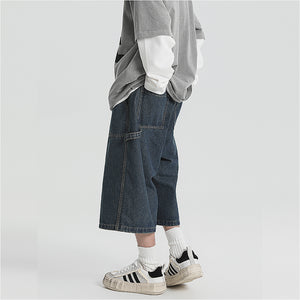 American Denim Cropped Loose Wide-leg Shorts