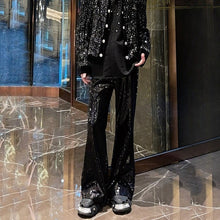 Load image into Gallery viewer, Heavy Sequined PU Metal Rivet Flared Pants
