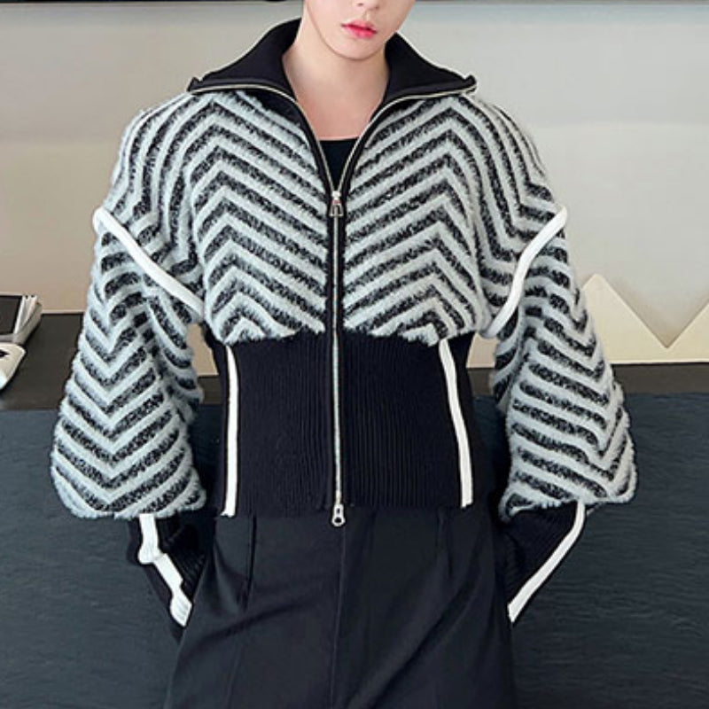 Striped Winter Large Lapel Sweater Jacket