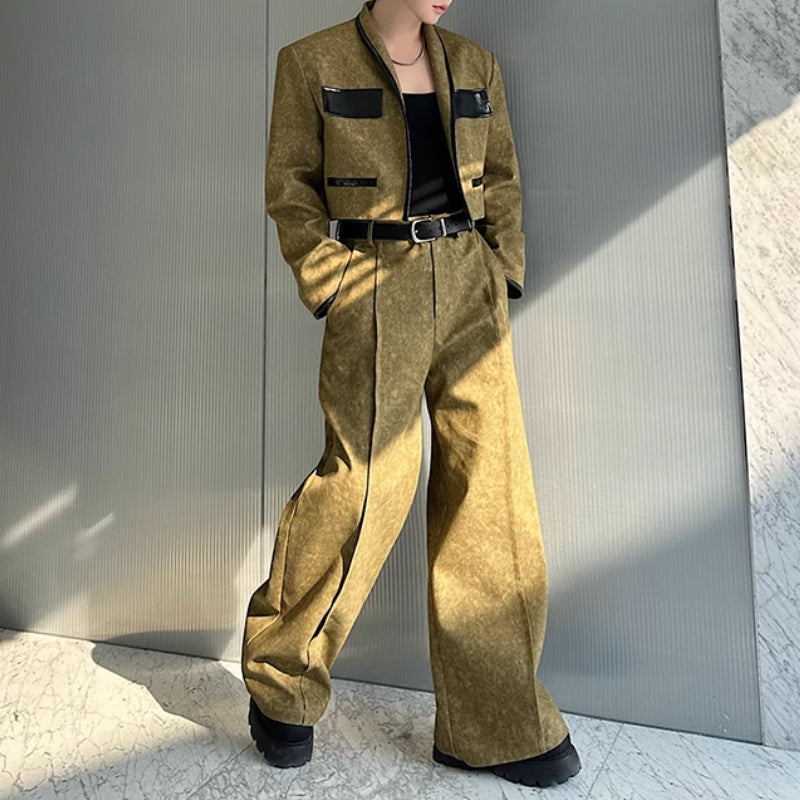 Contrast Color Patchwork Leather Short Suit Jacket Casual Wide Leg Pants Two-piece Suit