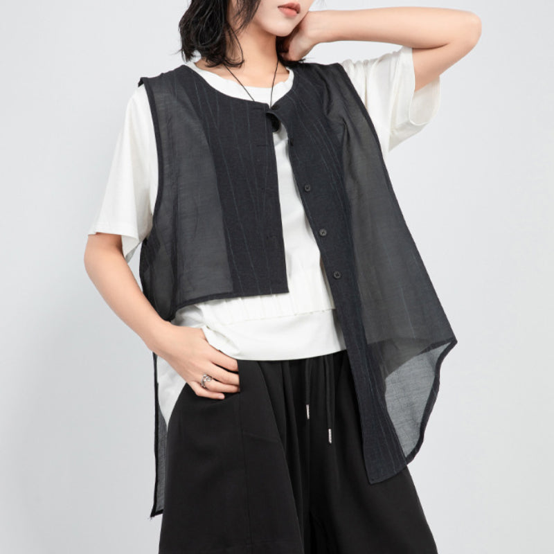 Round Neck Irregular Cotton and Linen Slit Vest
