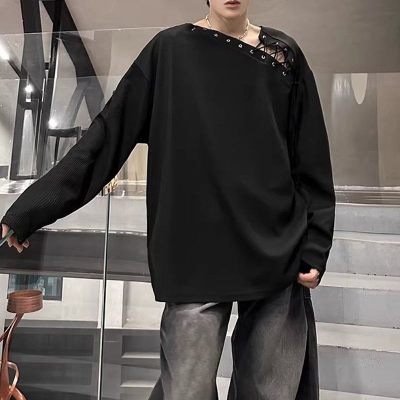 American Off-shoulder Tie-back Textured T-shirt