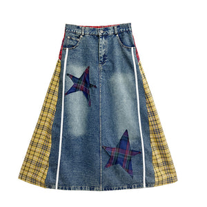 Paneled Contrast Plaid High-waist Denim Skirt