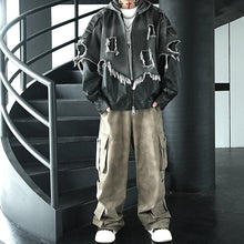 Load image into Gallery viewer, Patchwork Leather Distressed Frayed Edge Denim Hooded Jacket
