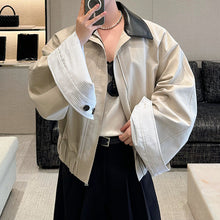 Load image into Gallery viewer, Leather Collar Contrast Plaid Oversized Turned-sleeve Cotton Jacket
