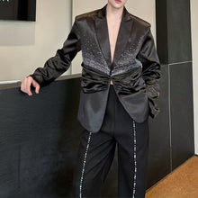 Load image into Gallery viewer, Rhinestone Embellished Satin Ruched Waist Lapel Blazer
