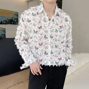 Butterfly Print Raw Edge Loose Casual Long-sleeved Shirt