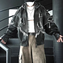 Load image into Gallery viewer, Patchwork Leather Distressed Frayed Edge Denim Hooded Jacket
