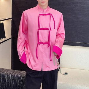 Contrast Buttoned Stand Collar Long Sleeve Retro Shirt