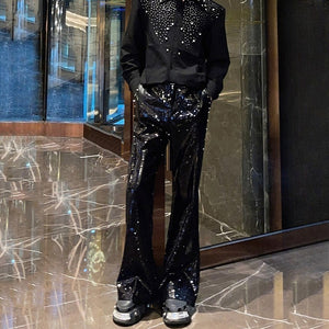 Heavy Sequined PU Metal Rivet Flared Pants