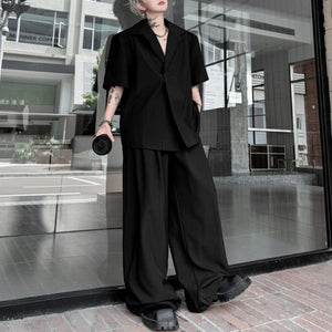Lapel Shoulder Pad Casual Short Sleeve Shirt Wide Leg Trousers Two-piece Set